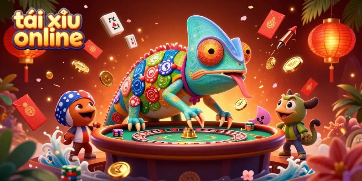 Engage with tài xỉu online in a vibrant 3D casino illustration showcasing lively game elements and joyful interactions.