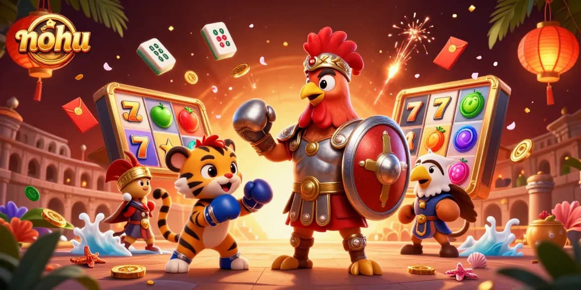 Nohu slot game featuring dynamic characters celebrating jackpots with vibrant gambling elements
