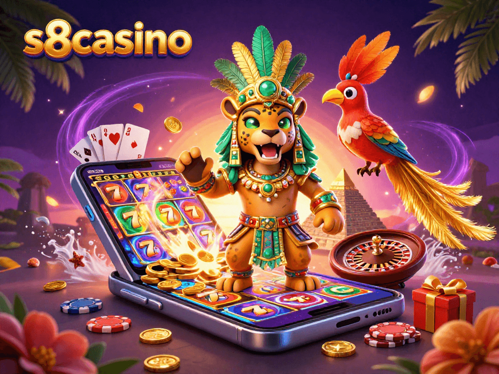 Win big with s8casino's colorful slot games in a vibrant 3D illustration featuring a Mayan jaguar priest.