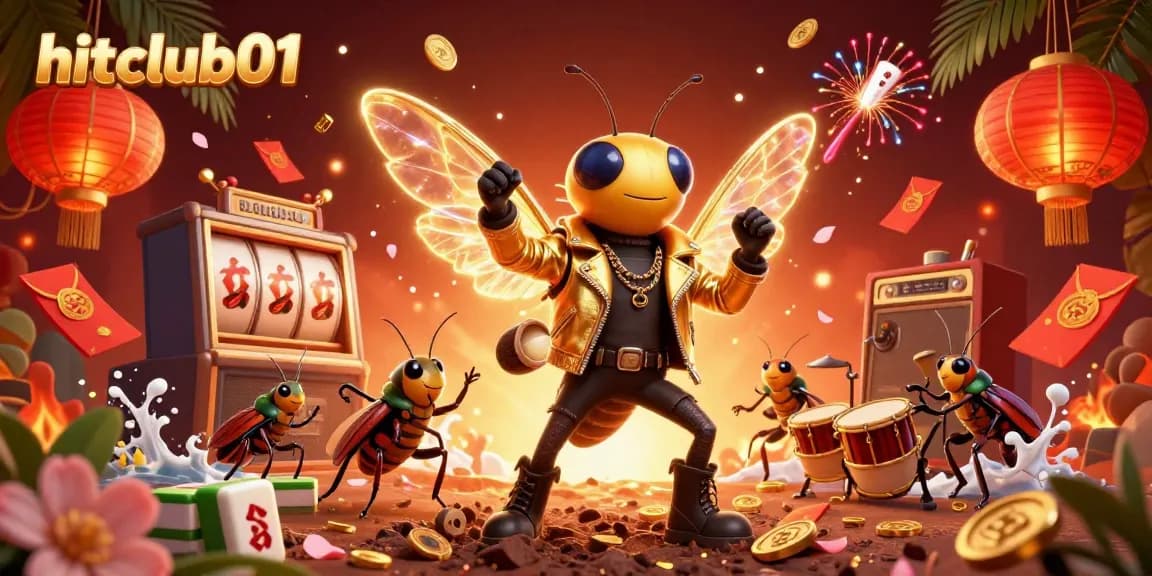Engage with the dynamic world of hitclub01 featuring a vibrant 3D scene of a cicada rock star and lively game elements.