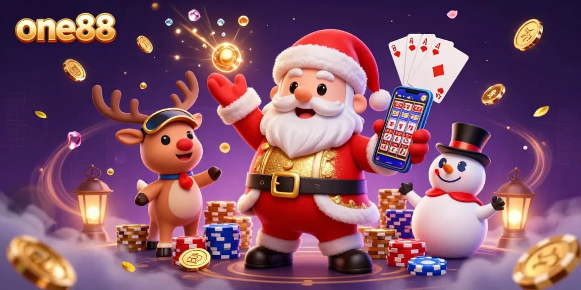 Engage with the festive one88 casino scene featuring Santa, reindeer, and a snowman amidst wins.