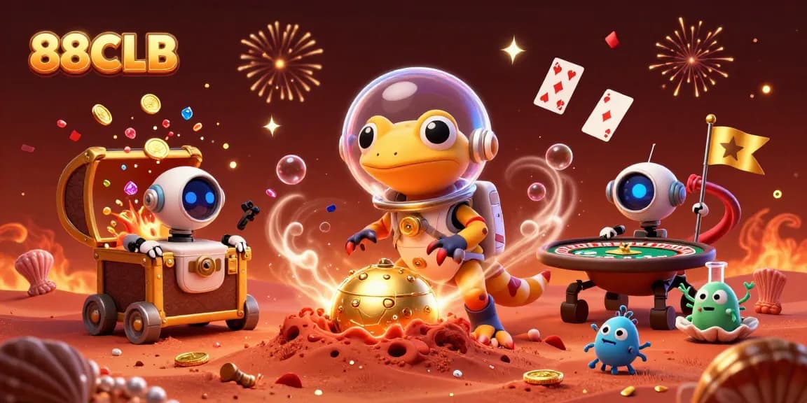 Engage in thrilling play at 88CLB with a vibrant casino discovery scene featuring aliens and games.