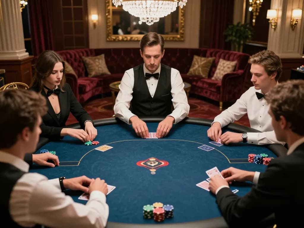 Players engaged in a thrilling poker game at 789win vip luxury high-roller room, dealer shuffling cards, sophisticated atmosphere.