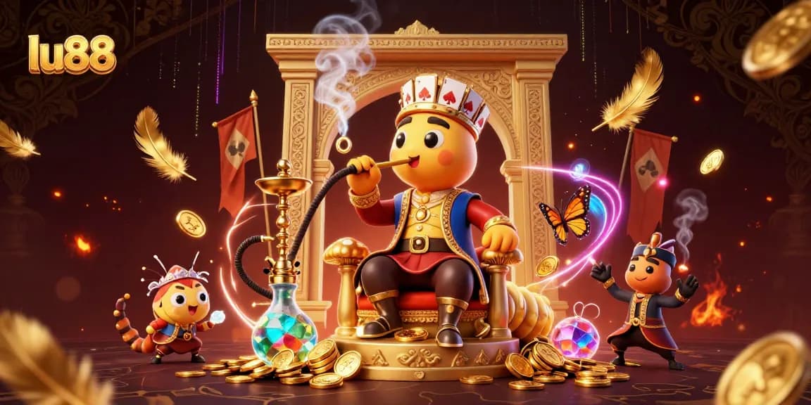 Experience thrilling slots with lu88's vibrant 3D casino illustration of a unique hookah master.