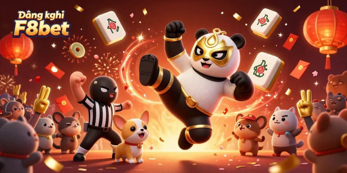 Engage in exciting action with Đăng ký F8bet featuring a lively scene of a panda wrestler and animal spectators celebrating.