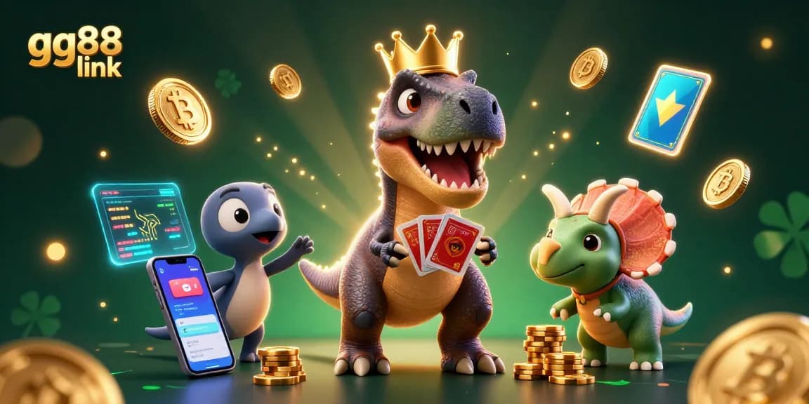 Engage in the thrilling world of gaming with the gg88 link, featuring a fun T-Rex and vibrant coins.