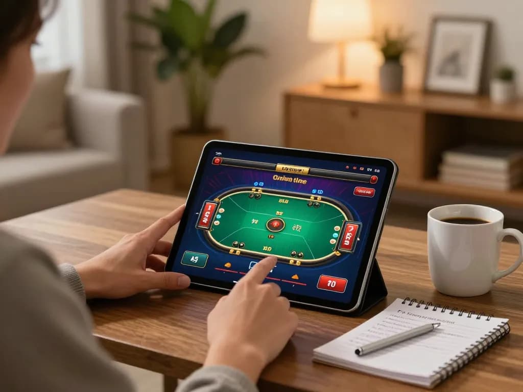 Engaging in responsible gaming at KK55 using a tablet for online casino gameplay.