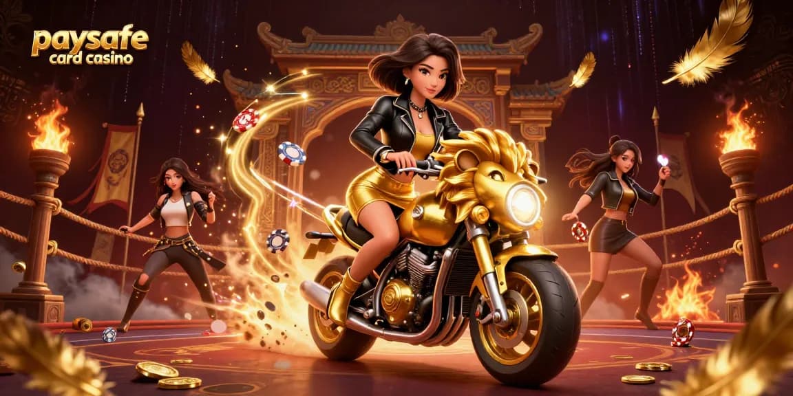 Paysafe Card Casino-Illustration mit einer glamourösen Frau, die auf einem goldenen Löwen reitet, umgeben von Poker-Elementen und dynamischen Feuereffekten.