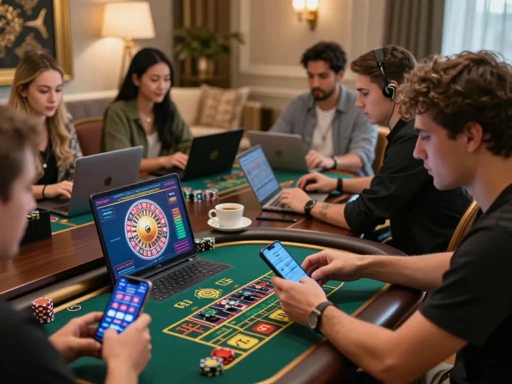 Engaging moment of players using Vin88 online casino app, showcasing excitement and strategy in a stylish home setting.