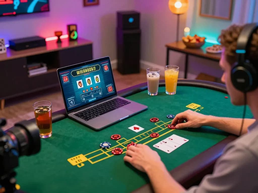 Playing live dealer blackjack on a laptop with 79so do strategy notes at home during an exciting gaming session.