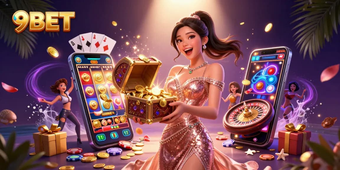 Experience the excitement of 9BET with a stunning 3D illustration showcasing thrilling casino elements and treasures.