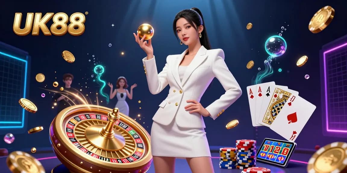 Experience UK88 with vibrant casino games, captivating gold and royal flush cards in a dynamic 3D illustration.