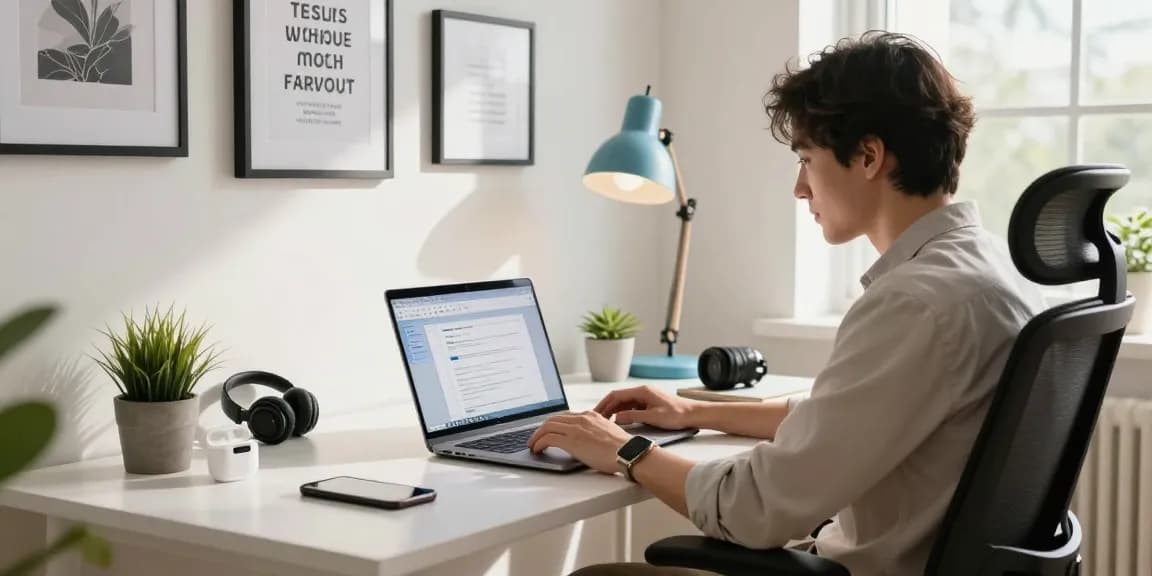 Download WPS Office with a professional engaged in a modern home office workspace.