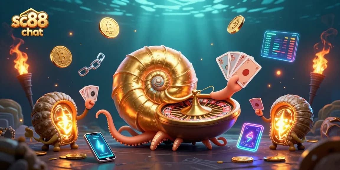 Engage with sc88 chat in this vibrant 3D casino scene of a giant nautilus holding cards.