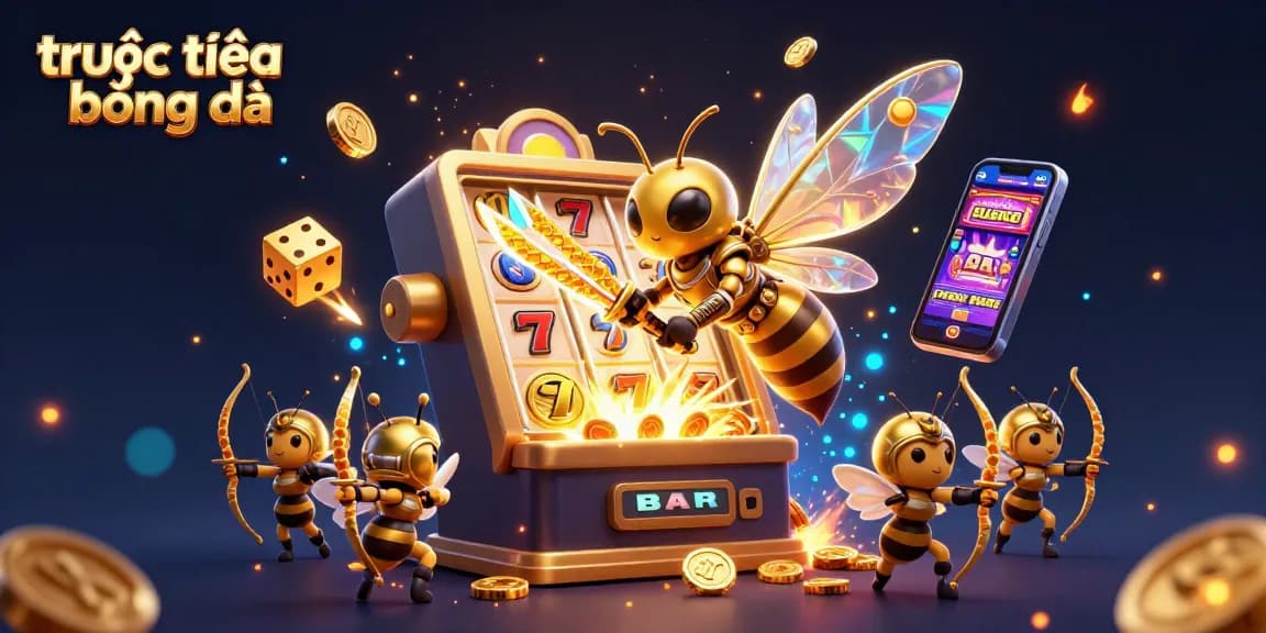 Experience trực tiếp bóng đá with dynamic casino elements, featuring a golden hornet, slot machine, and rolling dice.