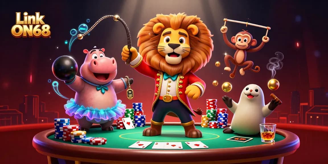 Join the excitement at Link ON68 with this vibrant casino-themed illustration featuring playful characters and poker elements.