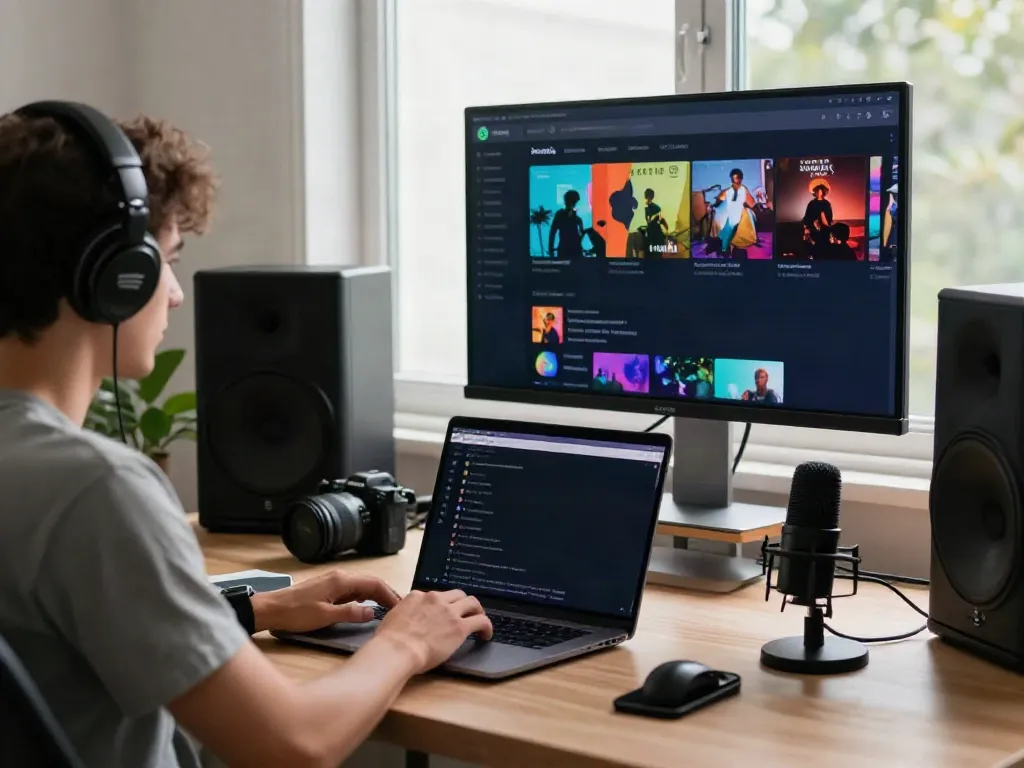 Engaging workspace showing SpotiGeek user streaming music on Spotify, laptop and smartphone present amidst creative decor.
