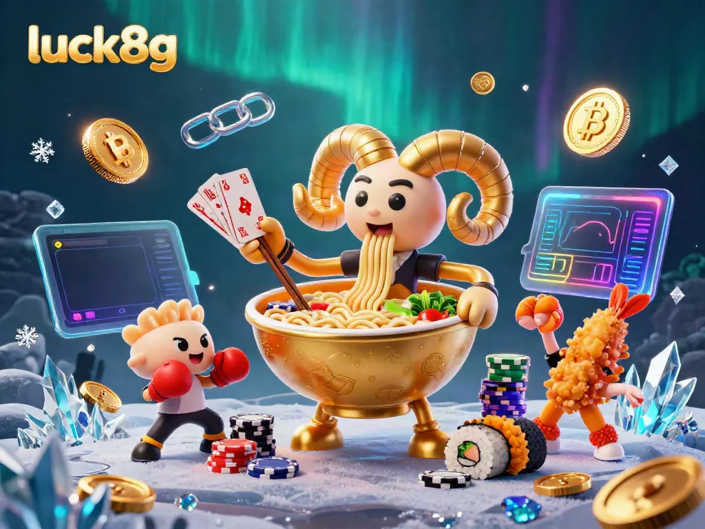 Engage with luck8g in an exciting casino scene featuring a giant ramen bowl dealer amidst neon coins and vibrant game elements.
