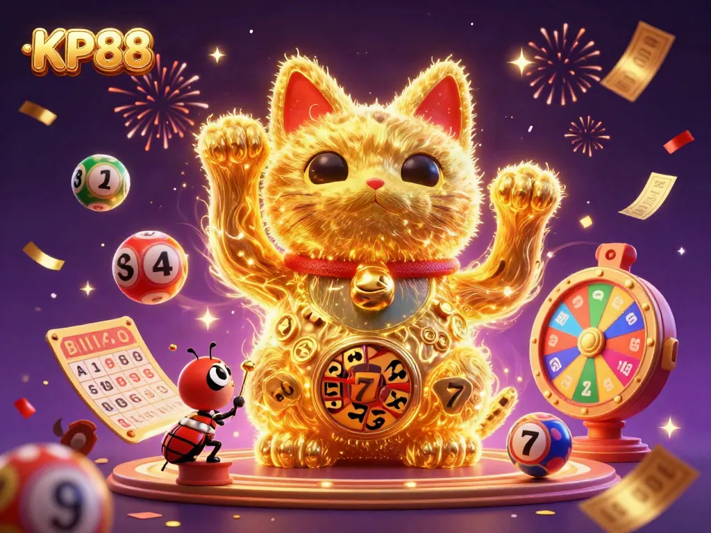 Try your luck with KP88's vibrant animated illustration, showcasing a lucky cat and casino symbols!