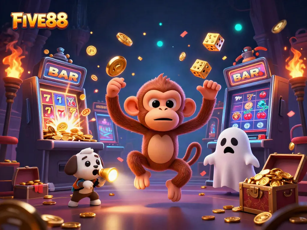 Catch winning opportunities at FIVE88's thrilling casino with a poltergeist monkey and puppy.