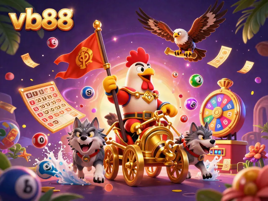 Engage with thrilling vb88 casino rewards showcased by a cartoon rooster warlord amidst vibrant gaming elements.