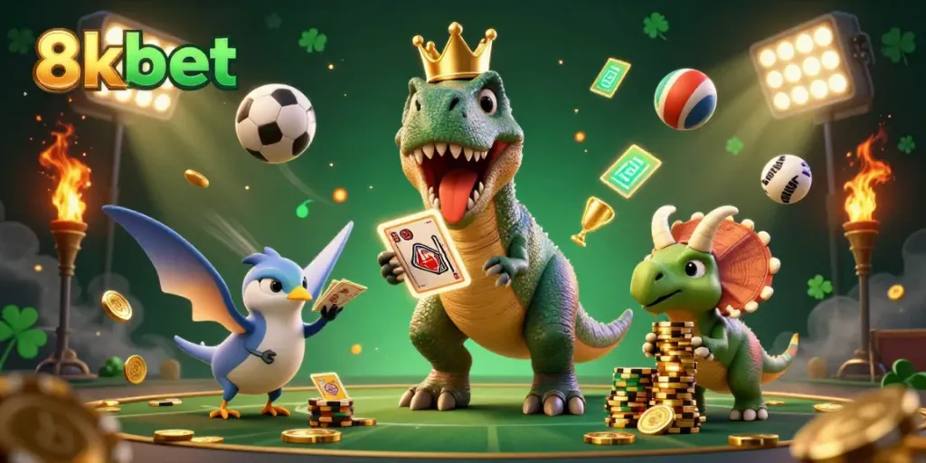 Engage with 8xbet’s thrilling gaming atmosphere featuring a T-Rex and 3D characters surrounded by dynamic sports elements.