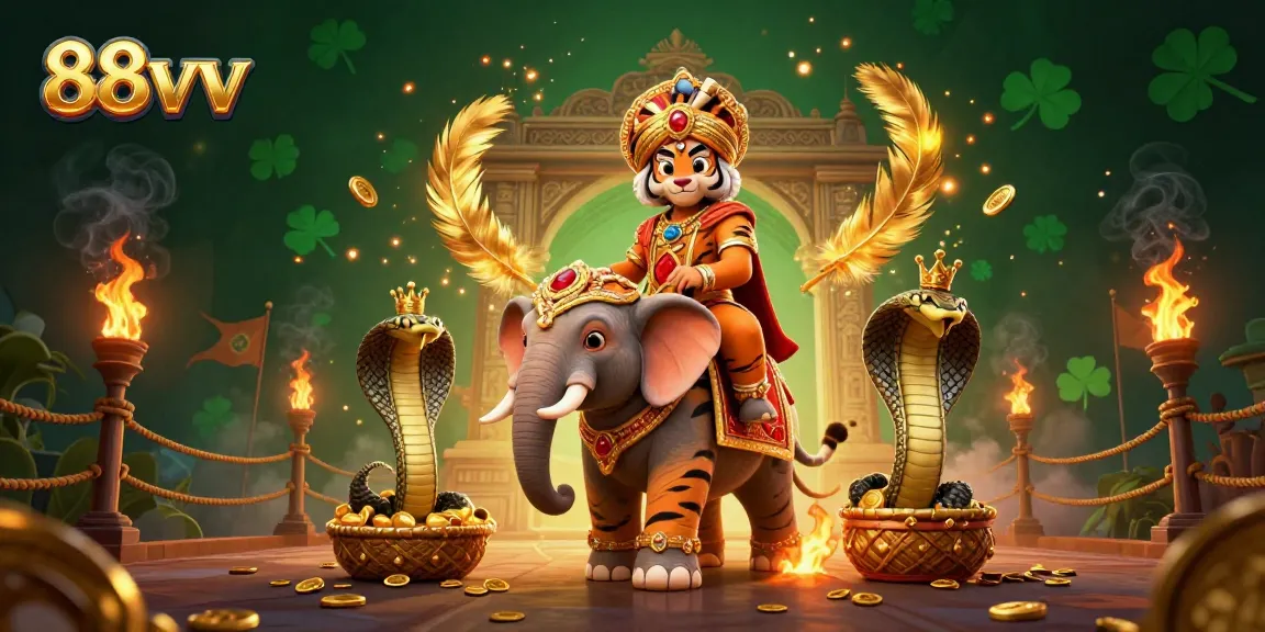 Experience thrilling gameplay at 88vv with an exquisite scene featuring a maharaja tiger, elephant, and cobra amidst dazzling casino elements.