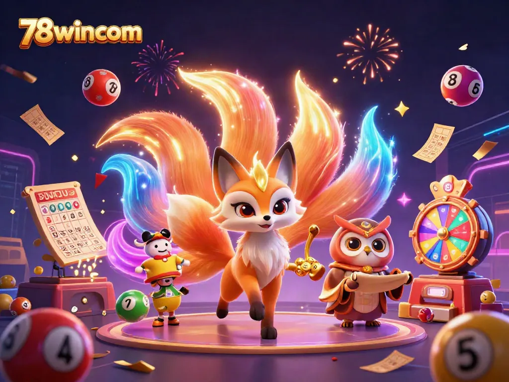 Engage with the vibrant spirit of gambling at 78wincom through a dynamic lottery celebration illustrated in vivid detail.
