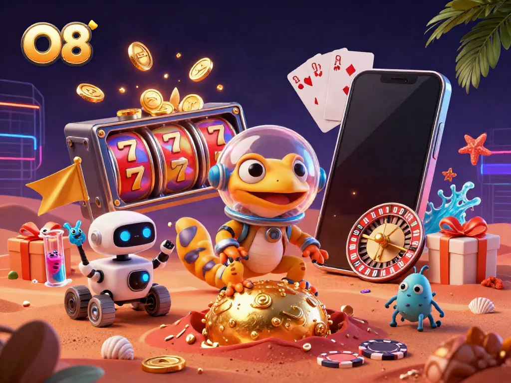 Experience a thrilling online casino adventure with O8, featuring a Martian gecko and vibrant gaming elements.