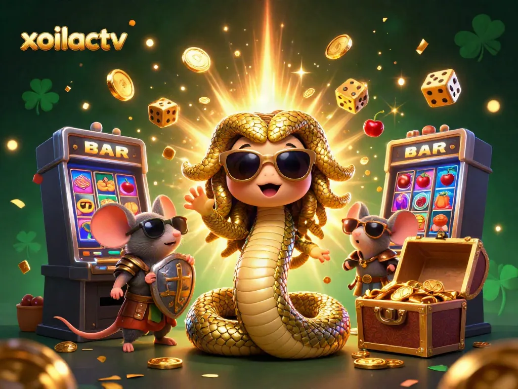 Experience the excitement with xoilactv's vibrant 3D casino scene, featuring Medusa, a warrior mouse, and a jackpot explosion.