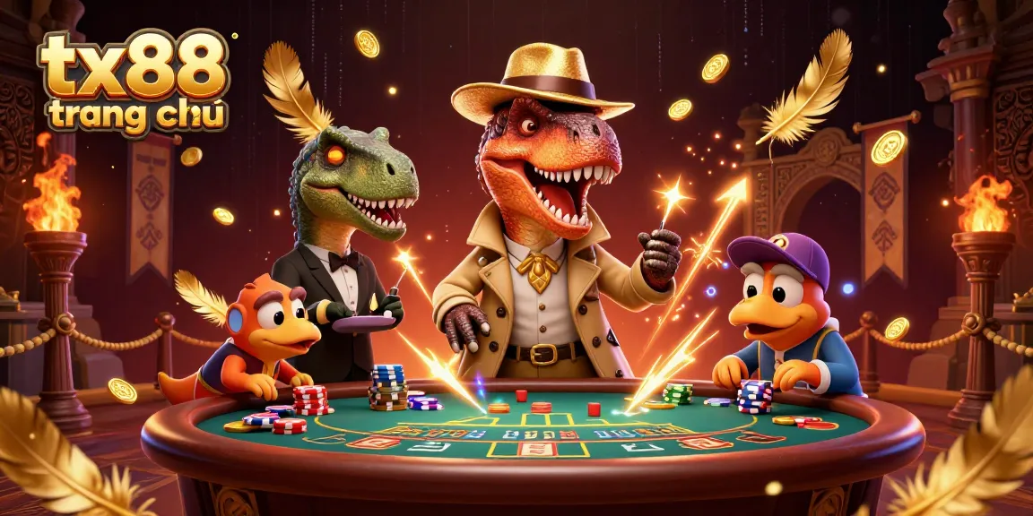 Engaging scene of a velociraptor, a stegosaurus, and a compy in a vibrant tx88 trang chủ casino, enhancing the gambling experience.