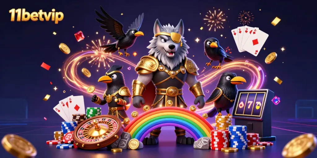 Experience thrilling gameplay at 11betvip with Odin and ravens amid a vibrant casino scene.