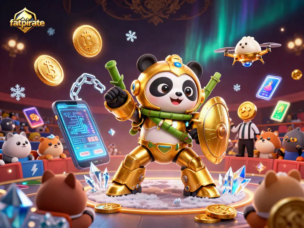 Experience the thrill of fatpirate with a vibrant 3D illustration of a mech-suited panda in a lively casino arena.