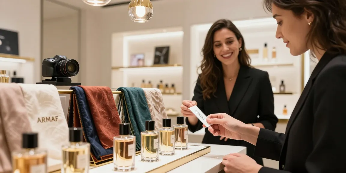 Armaf parfum flessen in luxe winkelomgeving met klant die geur uitprobeert.