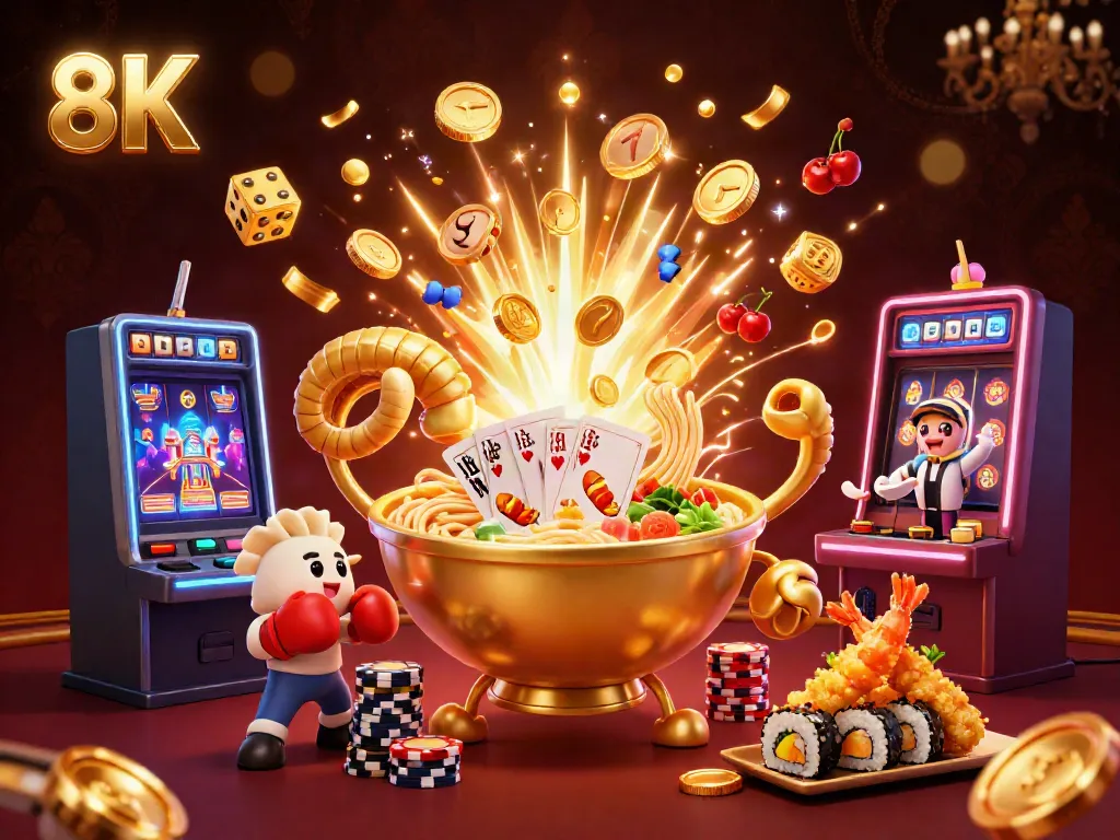 Experience the thrill of casino gaming with a giant golden ramen bowl dealer, vibrant visuals, and slot machine excitement.