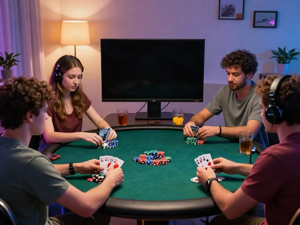 Exciting online gaming atmosphere featuring friends playing cards at https://red88.limited/ with vibrant LED lighting.