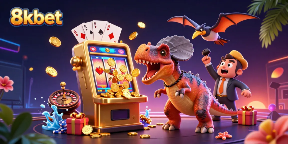 8kbet showcases a dynamic casino scene with dinosaurs and a jackpot-winning slot machine, emphasizing casino excitement.