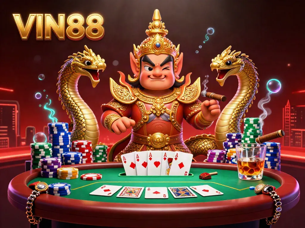 Experience the action of VIN88 with an exciting casino scene featuring a Thai temple guardian and poker elements.