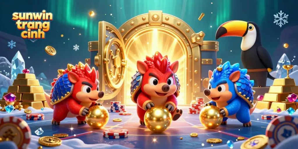 Engage with sunwin trang chính through a dynamic scene of cartoon pangolins in a vibrant casino setting filled with treasure.