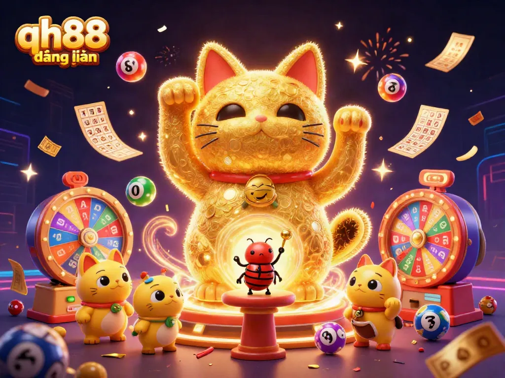 Engage with qh88 đăng nhập through fun-filled casino symbols and lively lottery elements in a vibrant scene.
