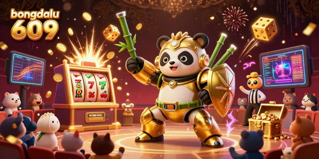 Experience the excitement of bongdalu 609, where a golden panda battles in a dynamic gambling arena with slot machines and sports elements.