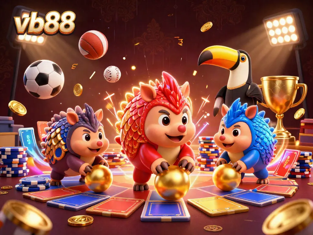 vb88 pangolins compete in a thrilling casino scene with poker chips and sports elements.