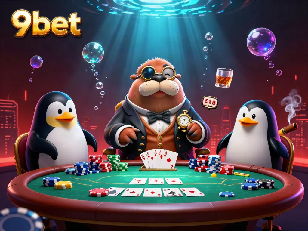 Bluffing in a vibrant underwater poker game with 9bet characters at play.