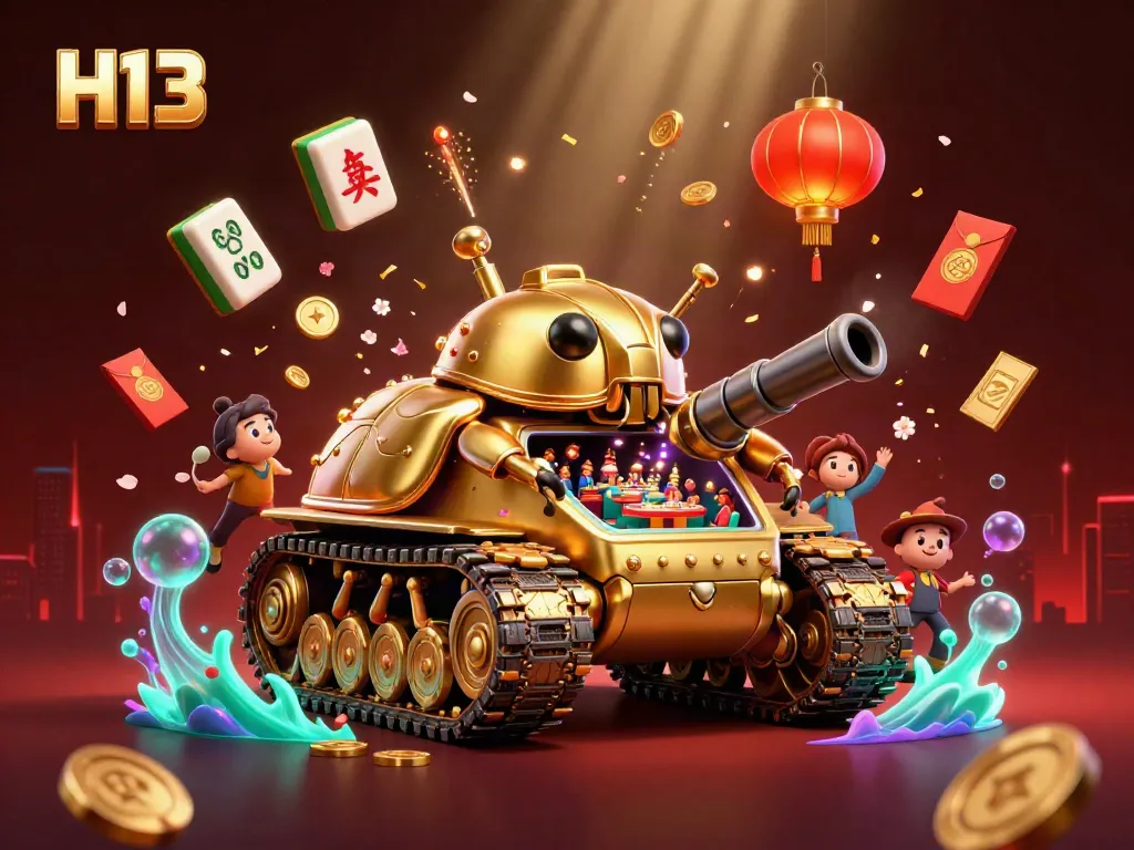 Experience the fun at H13 with a golden beetle tank casino illustration filled with vibrant gaming motifs.