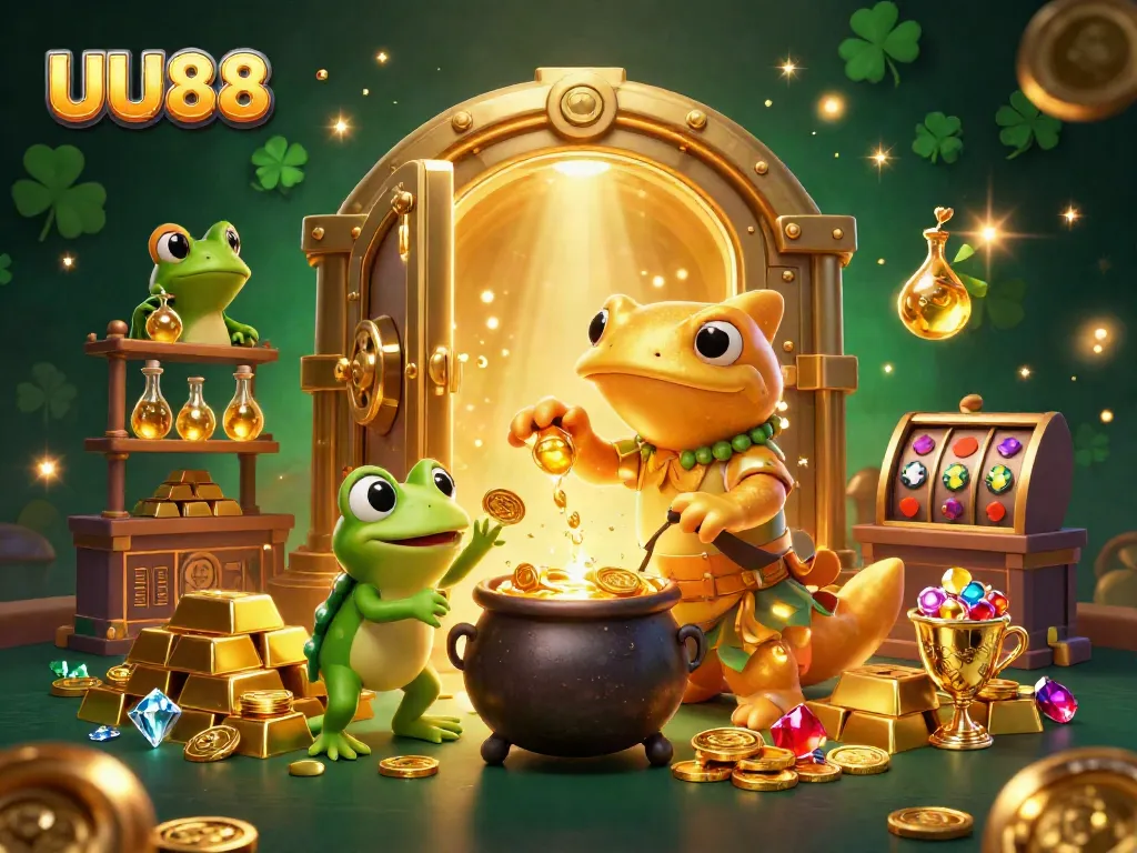 UU88 showcases a magical casino alchemist creating treasures in a dynamic scene enriched with gold and jewels.