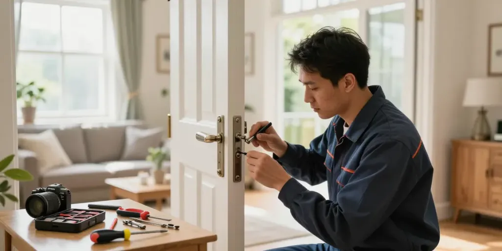 Deurslot repareren Arnhem door een erkende slotenmaker in een huiselijke setting.