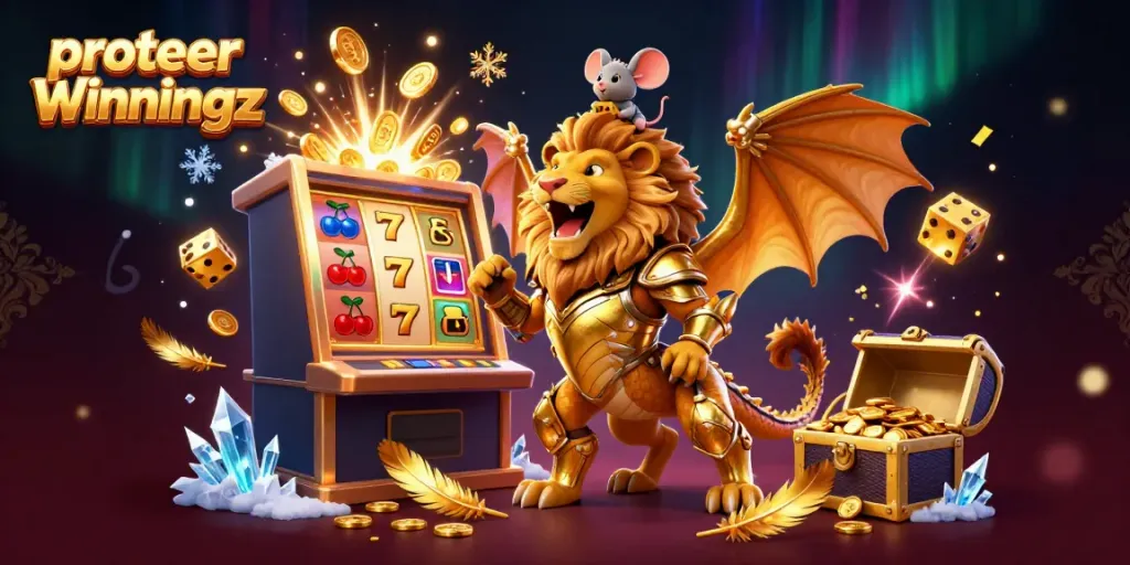 Probeer Winningz en ervaar het triomfantelijke gevoel van een gouden jackpot met een chimeraachtig personage in een dynamische casino-scène.