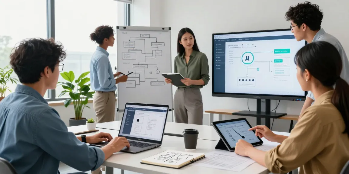Collaborative team building internal tools with AI in a modern office.