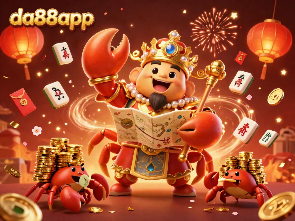Join the exciting world of da88app with a golden crab emperor leading the way amidst casino treasures.