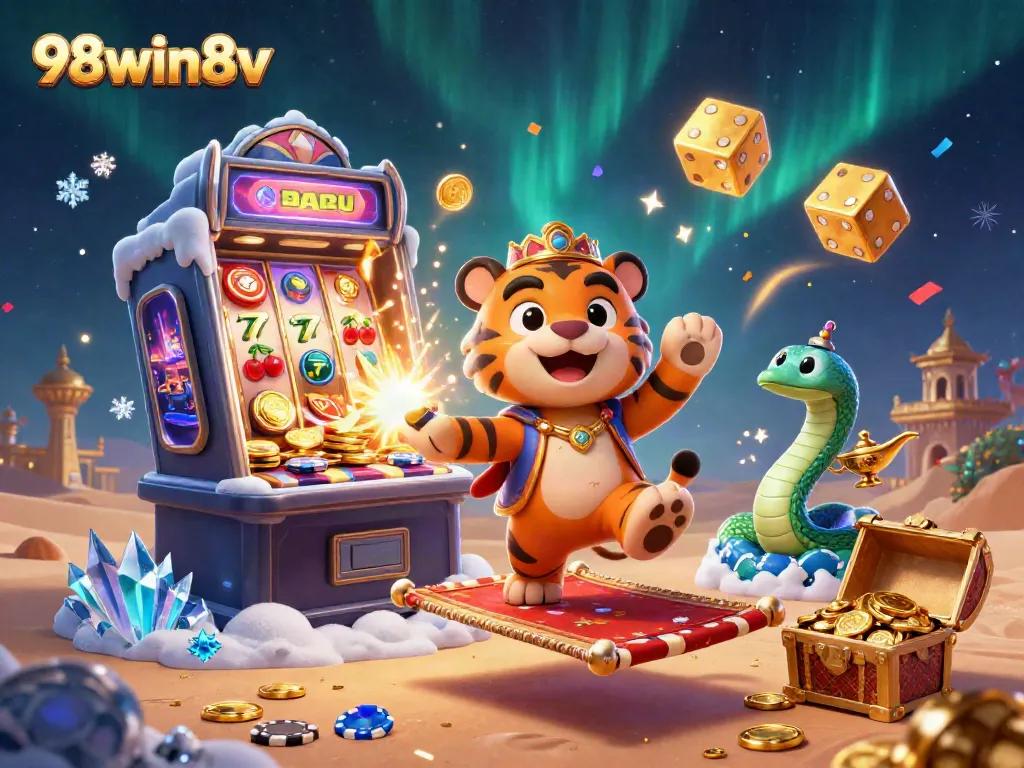 Experience the excitement of 98win8v with a magical illustration of slots bursting with winnings and enchanting characters.